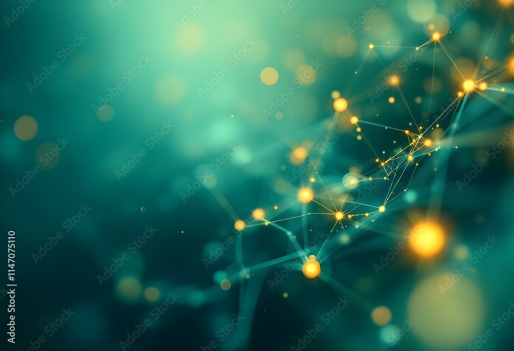 Poster abstract network connections with glowing golden lights on deep turquoise background. digital techno