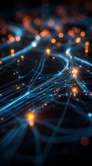 Fototapeta premium Illuminated light bulb surrounded by digital particles and abstract shapes at night with glowing reflections on