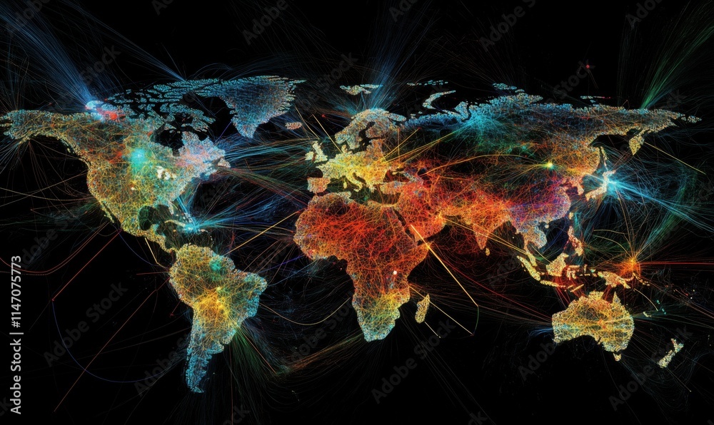 Poster global connectivity visualization with colorful data streams representing internet traffic and commu