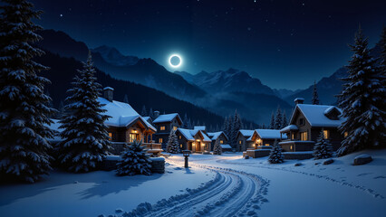 Fototapeta premium Village in the mountans, winter landscape in the mountains. Night. 