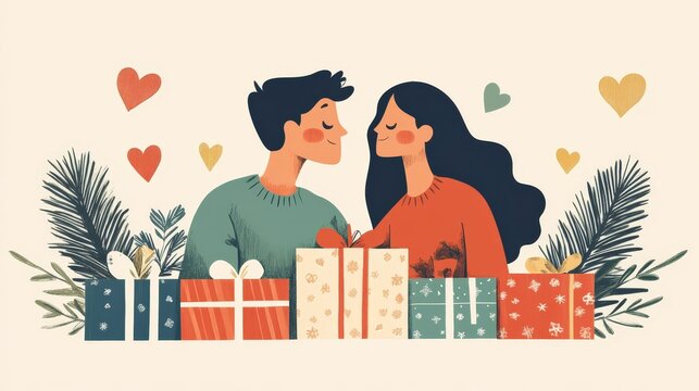 Couple exchanging gifts, surrounded by hearts and greenery.