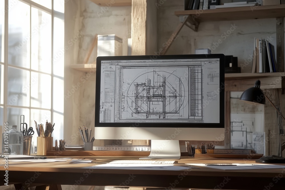 Poster modern engineering desk with blueprint display and ample copy space for design notes and sketches. g
