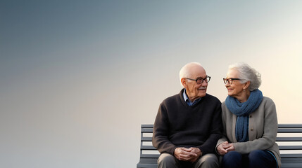 Senior couple sitting on a park bench, holding hands and enjoying a peaceful moment together, radiating love and companionship