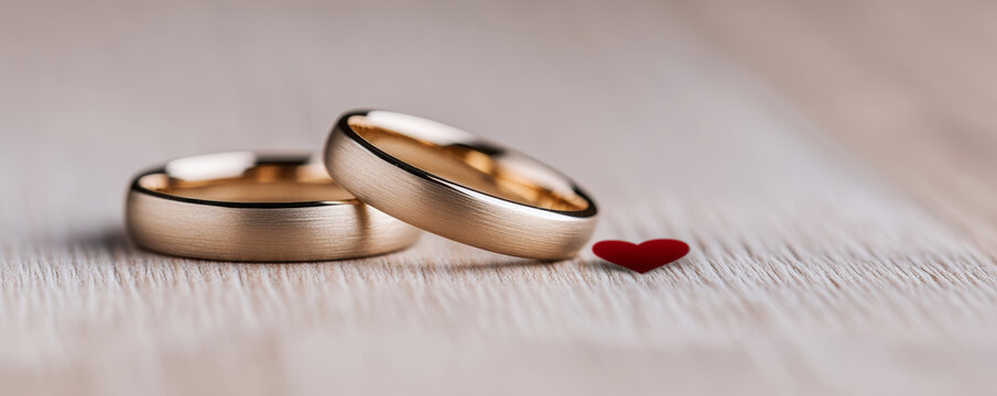 Two elegant gold wedding rings and a small red heart are resting on a wooden surface, creating a romantic and symbolic image of love and commitment
