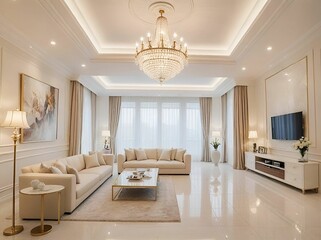 A close-up of a living room with a chandelier and a couch