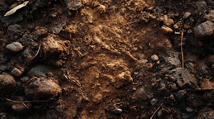 Dark Brown Soil Texture With Small Stones And Debris