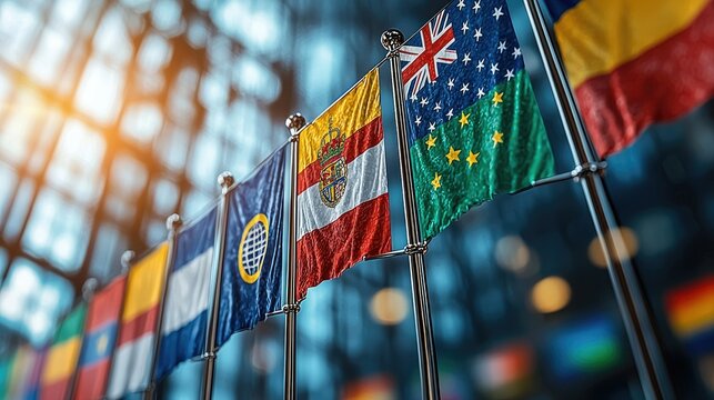 Flags of various nations displayed in a modern setting, symbolizing international unity.