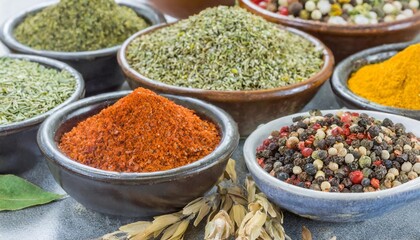 Fototapeta premium Assortment of Dried Spices in Bowls Ready for Cooking and Culinary Use