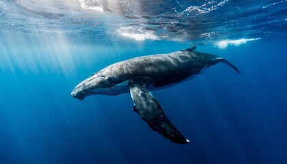 Naklejka premium Blue Whale Swimming in the Deep Ocean, the Largest Animal on Earth