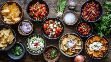 Set or collection of different flavor potato chips or crisps in bowls with fresh ingredients. Salt, onion, sour cream, cheese, spring onion, bacon and tomato.