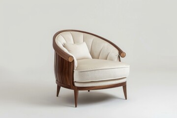 Elegant round back armchair with wooden legs and white upholstery is standing on a white background