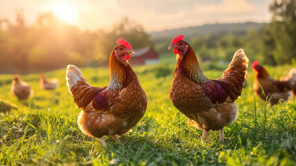 Fototapeta premium Chickens basking in morning sunlight in an open field, surrounded by green grass and natural feed stations, promoting health and wellness. 
