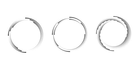 Set of black dotted  vortex shapes. Geometric art. Circle form. Trendy design element for logo, tattoo, sign, symbol, web, prints, posters, social media, template, pattern, abstract backdrop