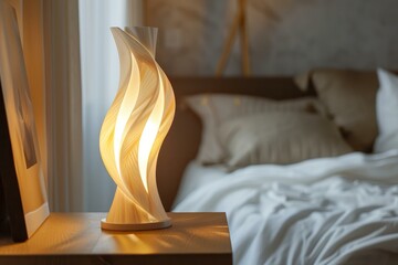 Modern white lamp with an interesting shape illuminating an elegant bedroom interior design