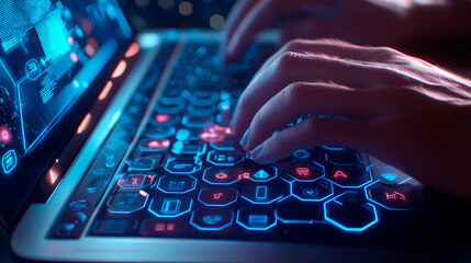 Professional Hands Typing on Laptop with Digital Interface Overlay