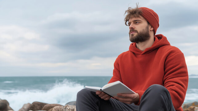 Young bearded man wearing an orange hoodie and a beanie sitting on a rocky beach, holding a book while looking at the ocean on a cloudy day