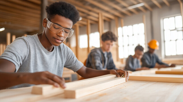 Diverse woodworking students practicing carpentry skills, learning collaborative techniques in modern workshop setting with professional tools