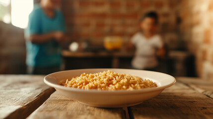 Alphabet pasta served in a modest kitchen, symbolizing basic nourishment in a difficult situation