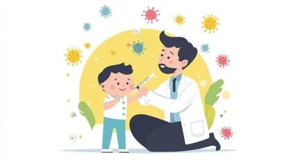 Doctor vaccinating baby to induce immunity surrounded by viruses on white background, banner design