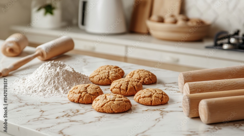 Poster freshly baked cookies on a kitchen countertop ready for enjoyment with space for text. generative ai