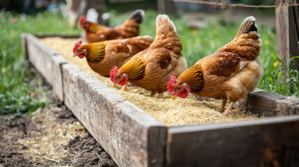 Fototapeta premium Chickens eating natural, organic feed from wooden troughs on a sustainable farm surrounded by straw, grass, and clean, fresh air. 