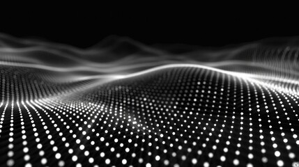 Monochrome grid with dynamic wave pattern and glowing points, representing futuristic technology and digital design.