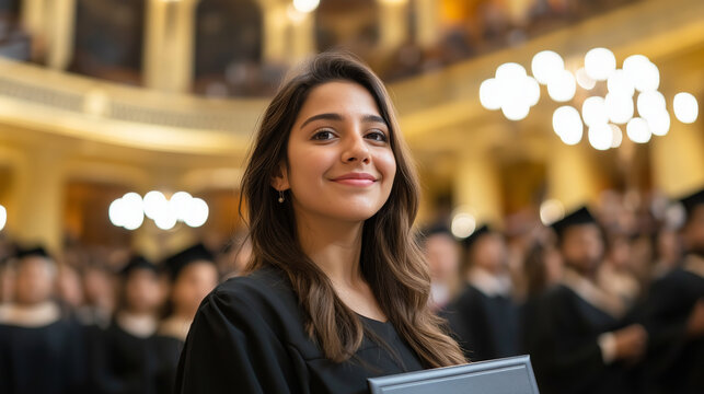 Female graduate beaming with pride, clutching master's diploma within ornate academic hall, marking scholarly milestone