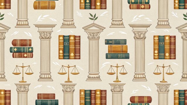Elegant legal-themed pattern with books and columns