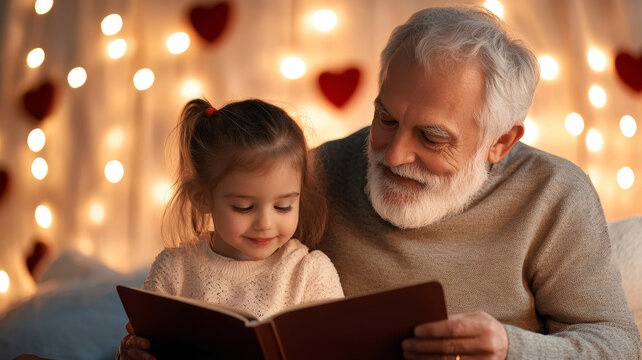 Aging grandfather reading children's storybook with smiling granddaughter near heart-themed decorations