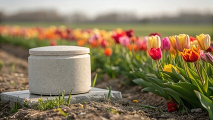 Serene memorial surrounded by vibrant tulip fields
