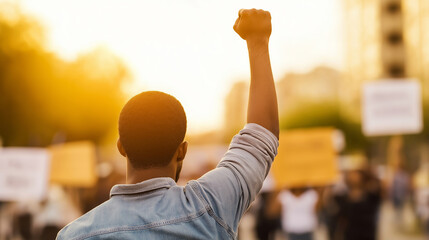 Back view of an african american man raising fist in a crowd at sunset, demonstrating for equal rights and social justice