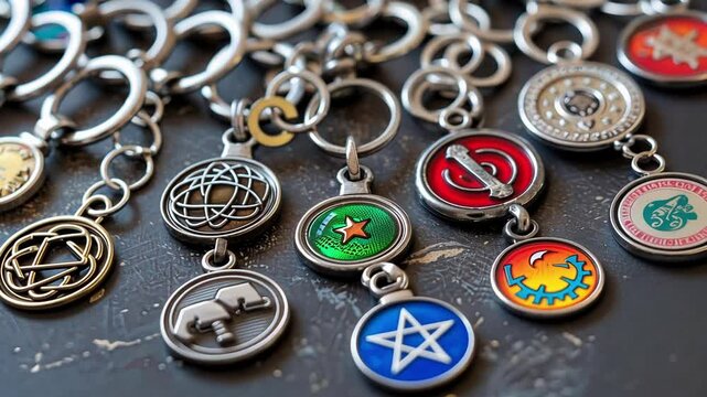 A variety of keychains and charms with different particle symbols ideal for adding to a key ring or backpack.