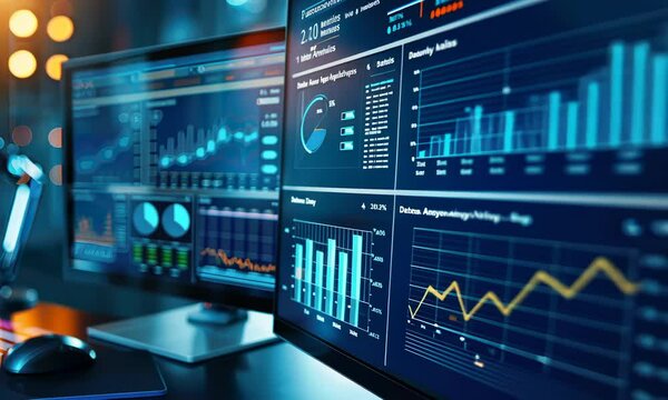 Multiple computer monitors displaying various financial data charts and graphs in high-tech environment
