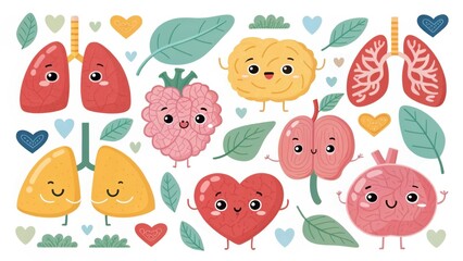 Fototapeta premium Cute cartoon organs and fruits with cheerful expressions