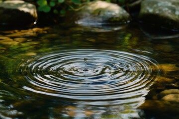 Circular ripples expand outward from a single drop in a tranquil body of water reflecting warm golden light