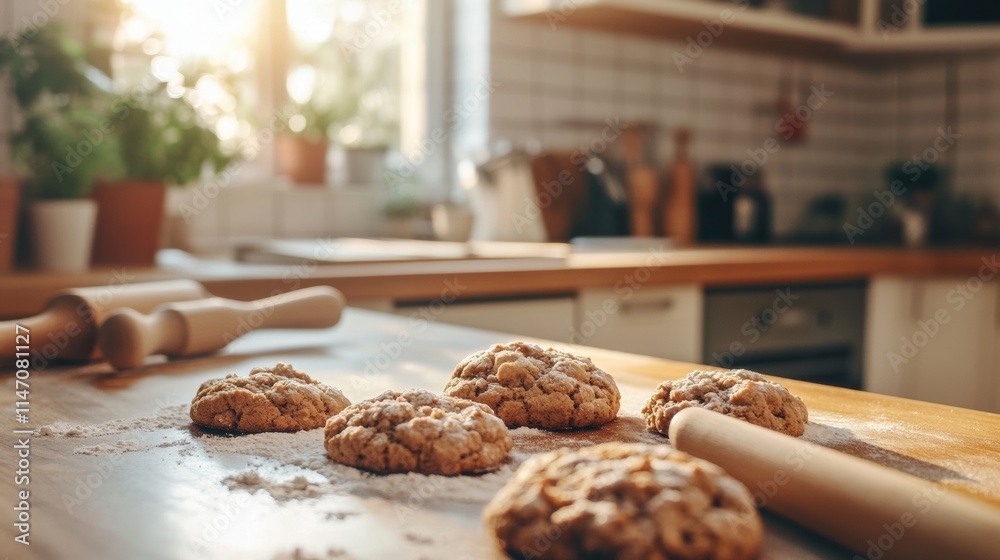 Poster freshly baked cookies cooling on a kitchen countertop with natural light illuminating the space in t