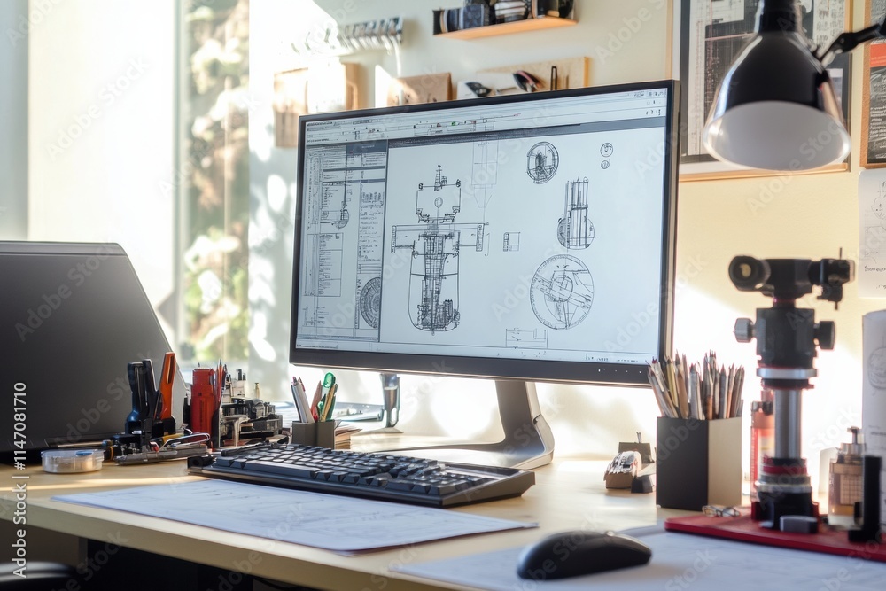 Fototapete Modern engineering desk setup with detailed designs and ample workspace for creative projects and tasks. Generative AI