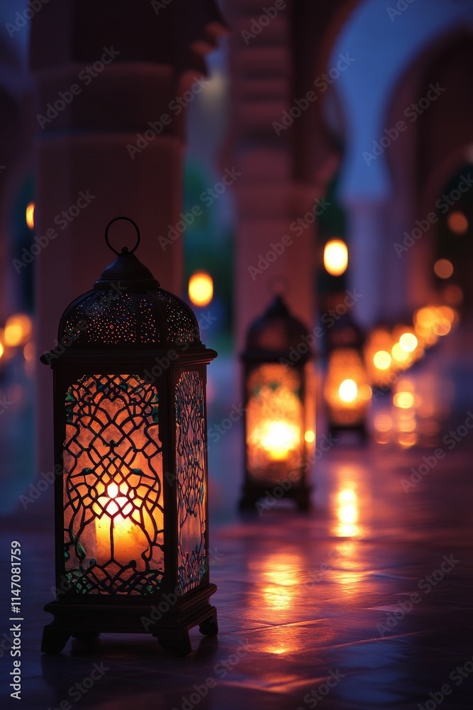 Wall mural Ornate lantern glows; candlelight illuminates pathway.