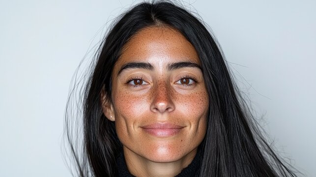 Close-up portrait of a young woman with long dark hair and freckles, smiling subtly against a light grey background.