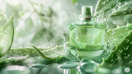 Aloe vera spray bottle surrounded by splashing natural gel and vibrant leaves, emphasizing hydration and skincare luxury.