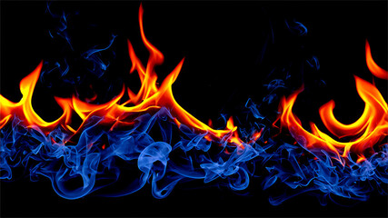 Fototapeta premium Red flames and blue smoke abstract background, glowing fire and vapor contrast on black, high detail texture