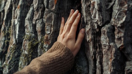 Hand touching textured tree bark outdoors natural light eco-conscious concept