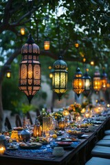 Outdoor dining scene, illuminated lanterns,  festive table setting.