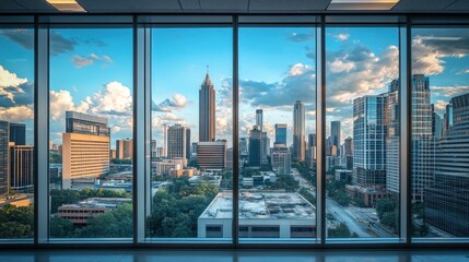 Panoramic city view through large office window at sunset.
