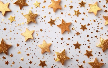 Golden stars and glitter scattered across a white surface, perfect for festive decorations and celebrations