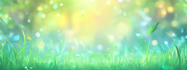 Obraz premium Bright sunlight through lush green grass and bokeh.