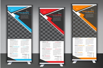 Corporate business roll up banner design template. Modern Business Roll Up Banner. Professional Unique Corporate Roll Up Banner Signage Standee Template for Multipurpose Use with Three Color Variation