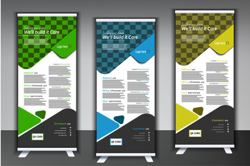 Corporate business roll up banner design template. Modern Business Roll Up Banner. Professional Unique Corporate Roll Up Banner Signage Standee Template for Multipurpose Use with Three Color Variation