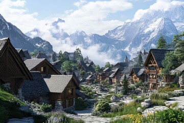 Picturesque mountain village surrounded by lush greenery and towering peaks in bright daylight