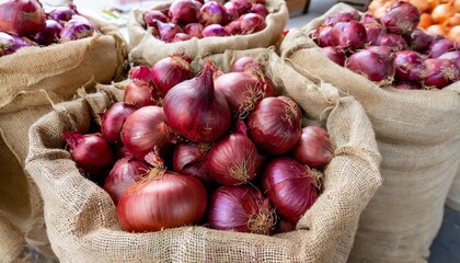 Red Onions in Burlap Sacks Ready for Sale at the Local Market